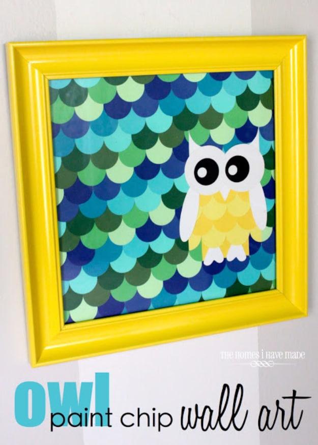 Owl Paint Chip Wall Art, a colorful upcycled craft, and a personal touch a bought version cannot match