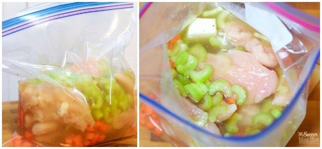 Two panel graphic, one zip top bag of carrots, celery and broth beside a second bag of raw chicken and vegetables