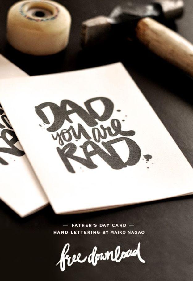 DAD you are RAD card graphic, black brush lettering on white cards styled with a hammer and a skateboard wheel