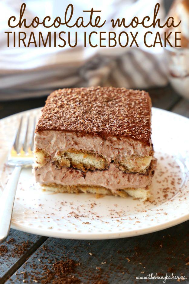Chocolate mocha tiramisu icebox cake layered with coffee soaked ladyfingers and mascarpone cream, an easy no bake dessert