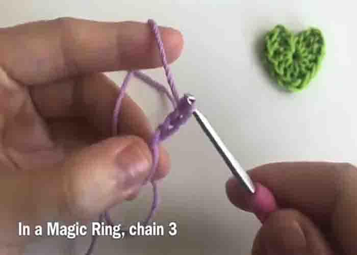 Starting with crocheting three to make the mini heart