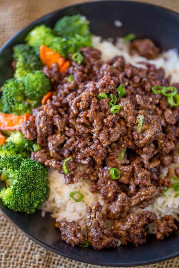 Ground Mongolian beef browned in sesame oil with a sticky brown sugar soy sauce and sliced scallions