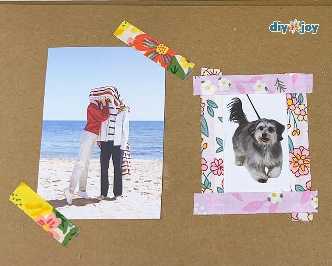 DIY Scrapbook Ideas - a kraft page with a beach photo taped in yellow floral fabric tape and a dog photo framed in pink