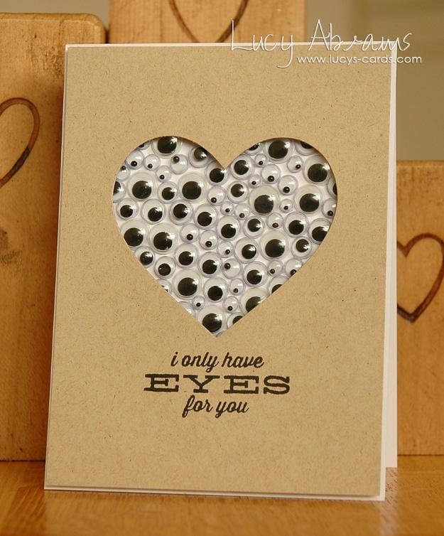 Lots of Eyes Valentine card with a die cut paper heart completely covered in googly eyes in six sizes
