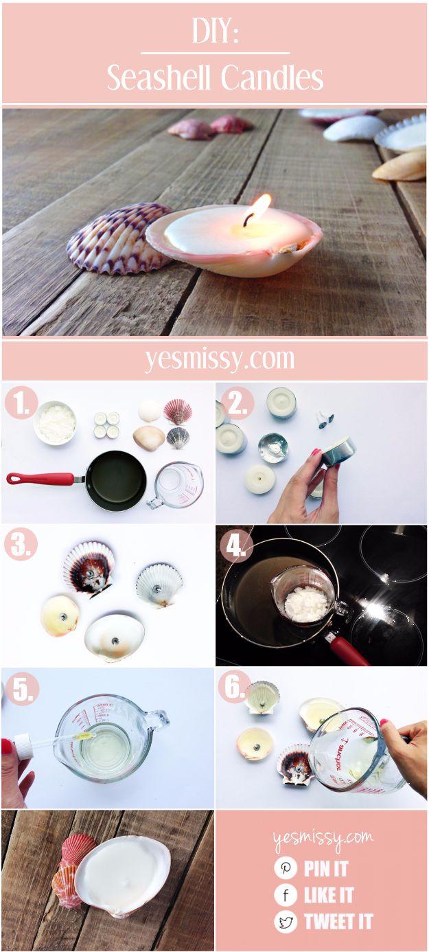 DIY seashell candle, a numbered step collage ending with a lit candle poured into a striped shell on weathered wood