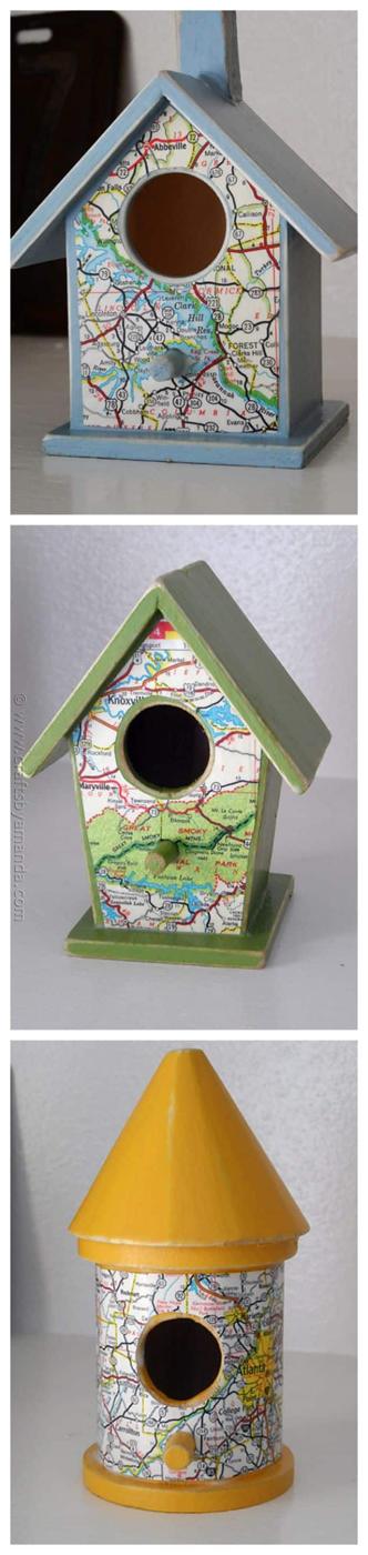 Road Map Birdhouses, low effort once the supplies are laid out and a look that outshines anything bought ready made