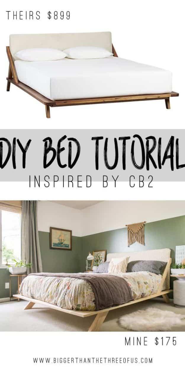 Two panel graphic comparing an $899 catalog midcentury bed with a DIY wood platform bed in a green bedroom