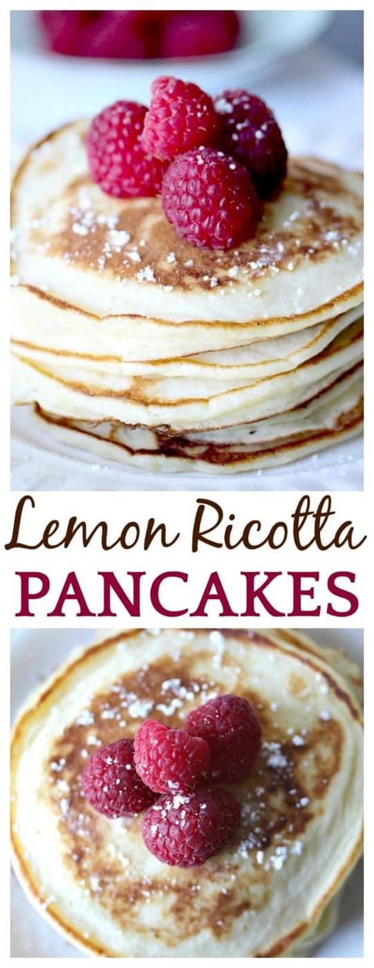 Lemon ricotta pancakes stacked with fresh raspberries and a dusting of powdered sugar on a white plate