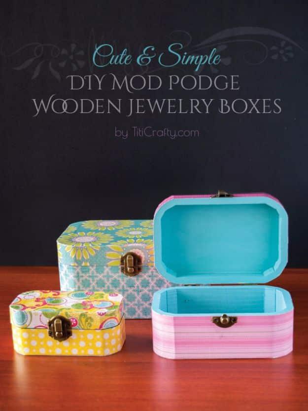DIY Mod Podge Wooden Jewelry Boxes, a handmade storage accent, budget friendly using stuff already sitting in a bin