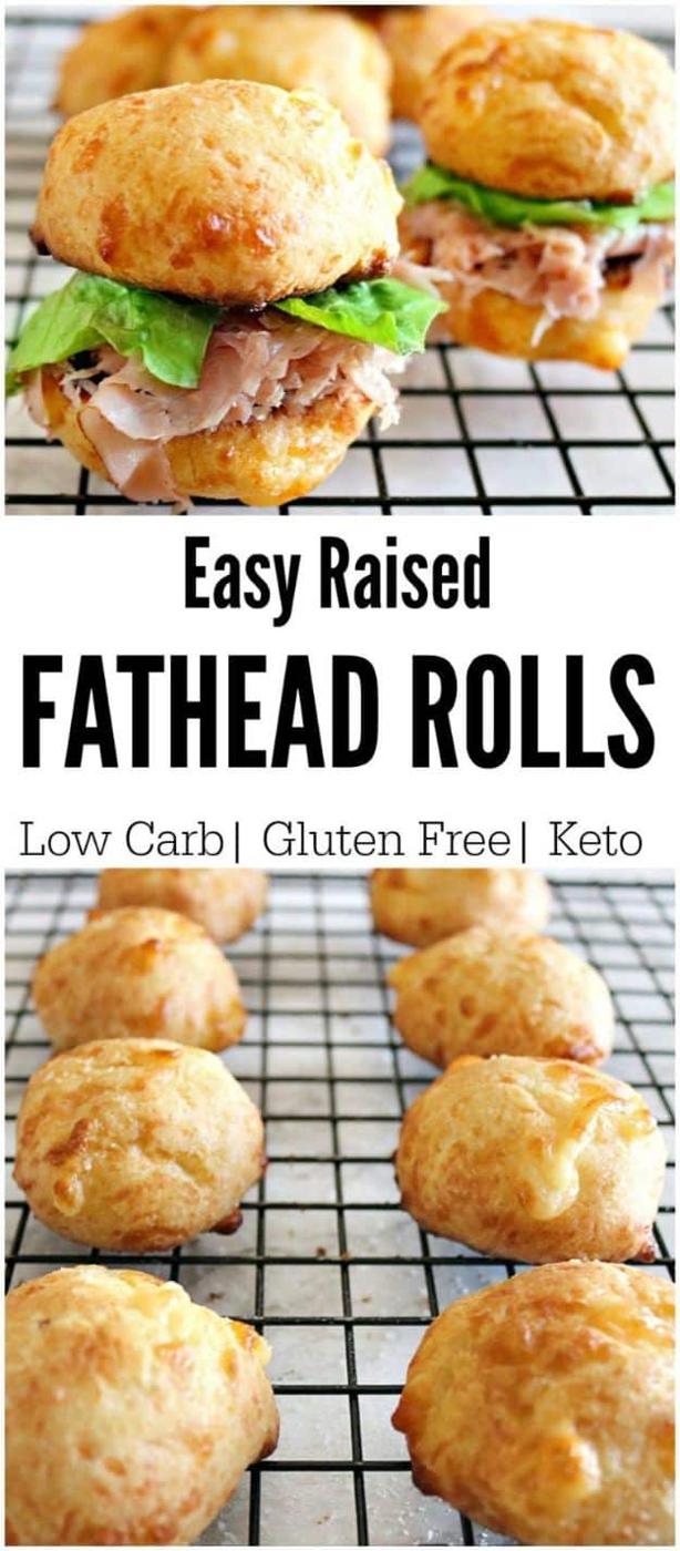 Keto fathead rolls split and filled with meat and lettuce, shown above golden baked rolls on a wire rack