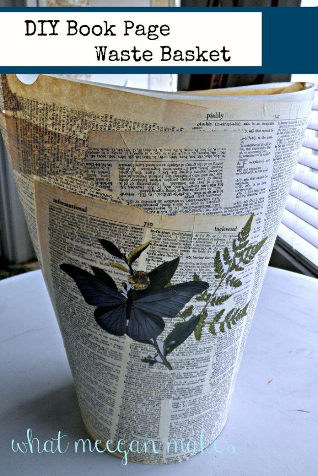 Plastic wastebasket decoupaged in vintage dictionary pages with a black butterfly and a fern, under a typeset title box