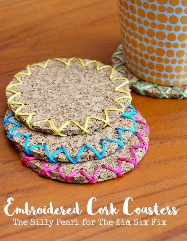 Quick Last Minute DIY Gifts You Can Make - Embroidered Cork Coasters - Easy and Quick Last Minute DIY Gift Ideas for Mom, Dad, Him or Her, Freinds, Teens, Kids, Girls and Boys. Fas