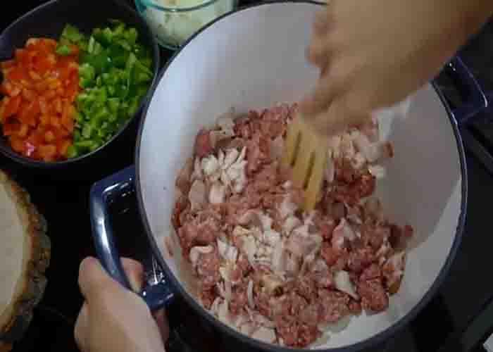 Cooking the ground sausage for the mountain man breakfast