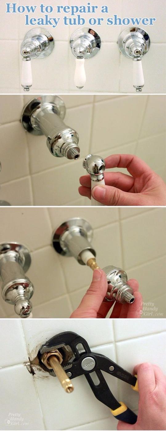 Leaky tub faucet repair collage showing chrome handles being unscrewed and the valve stem removed with pliers