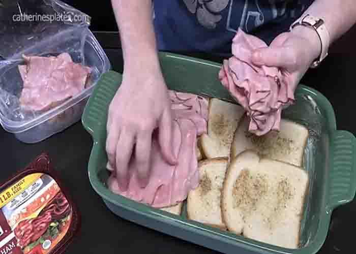 Assembling the monte cristo breakfast casserole