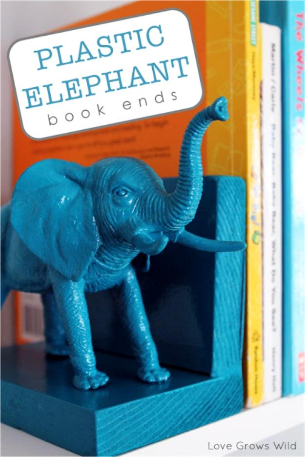 Plastic Elephant Bookends, light on tools, just what is already in the drawer and an accent that pulls a whole room together
