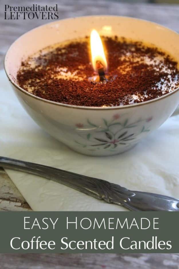 Coffee scented candles, a vintage floral china bowl filled with wax, topped with coffee grounds and a lit wick