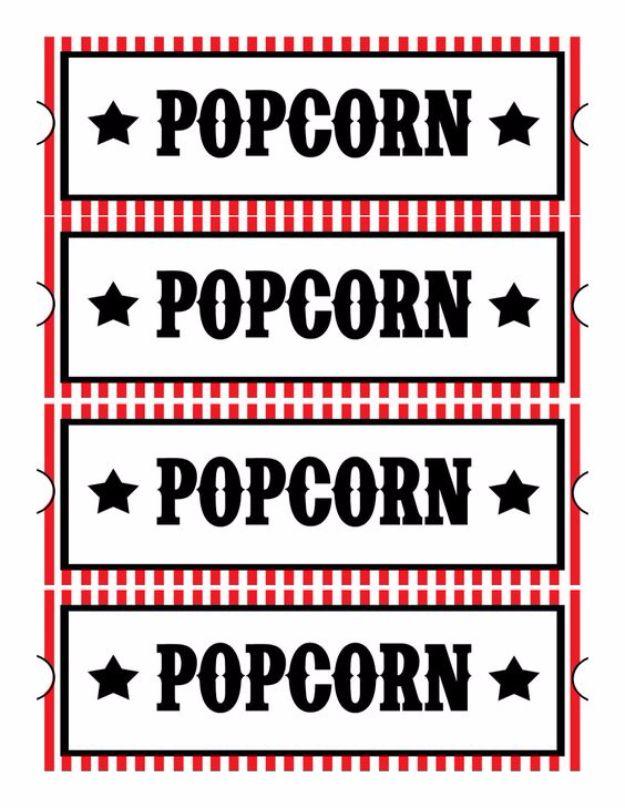 Free printable popcorn tickets in black and white on red gingham stripes for a family home movie night