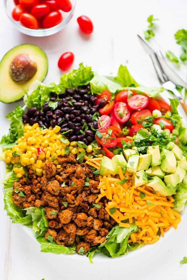 Ground Turkey Recipes - Skinny Taco Salad - Healthy and Easy Turkey Recipe Ideas for Dinner, Lunch, Snack - Quick Crockpot and Instant Pot, Casserole, Meatballs, Pasta and Burgers