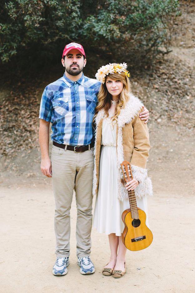 Forrest Gump and Jenny couples costume with a checked shirt, khakis, a box of chocolates and a flowing dress
