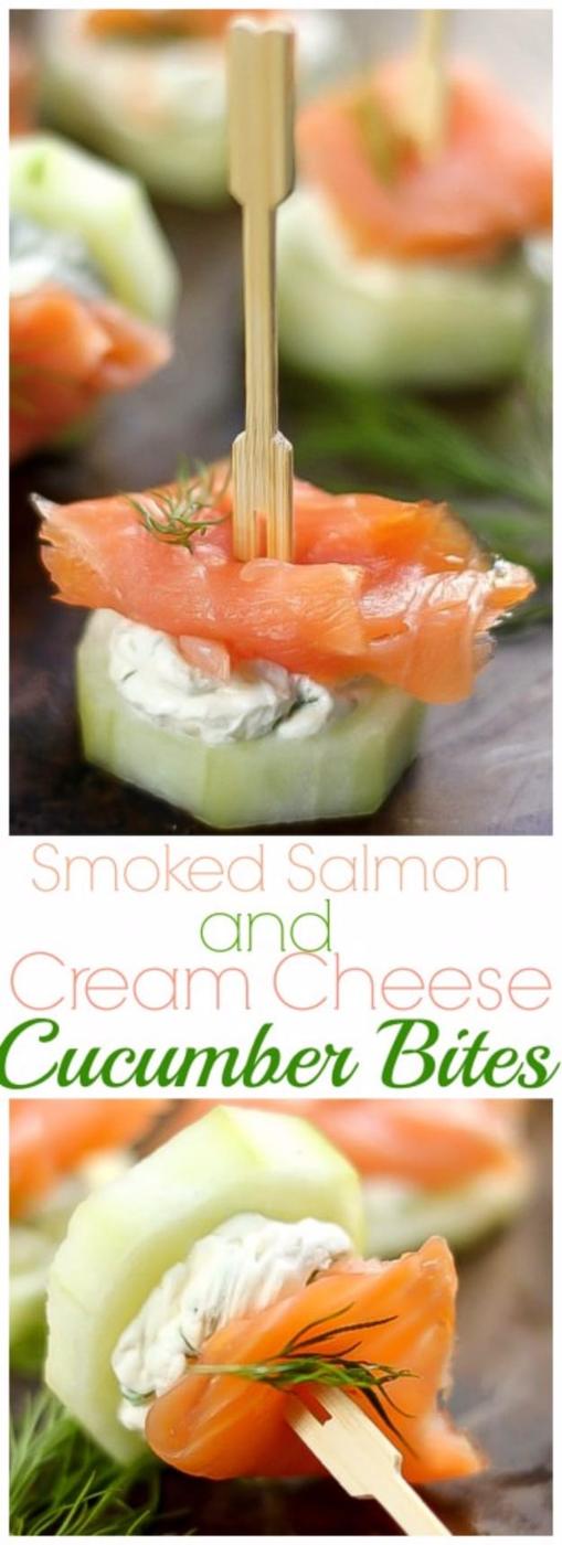Smoked salmon cream cheese cucumber bites, a party appetizer on cucumber rounds with dill and toothpicks