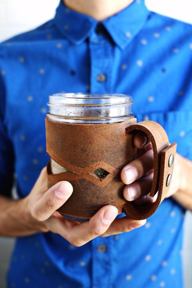 Leather Mason Jar Sleeve, low pressure enough to try this weekend and a sweet little detail guests always notice
