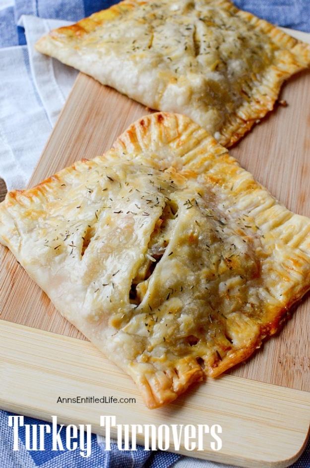 Turkey turnovers made with pie crust, filled with leftover turkey, bacon and melted cheese, baked golden