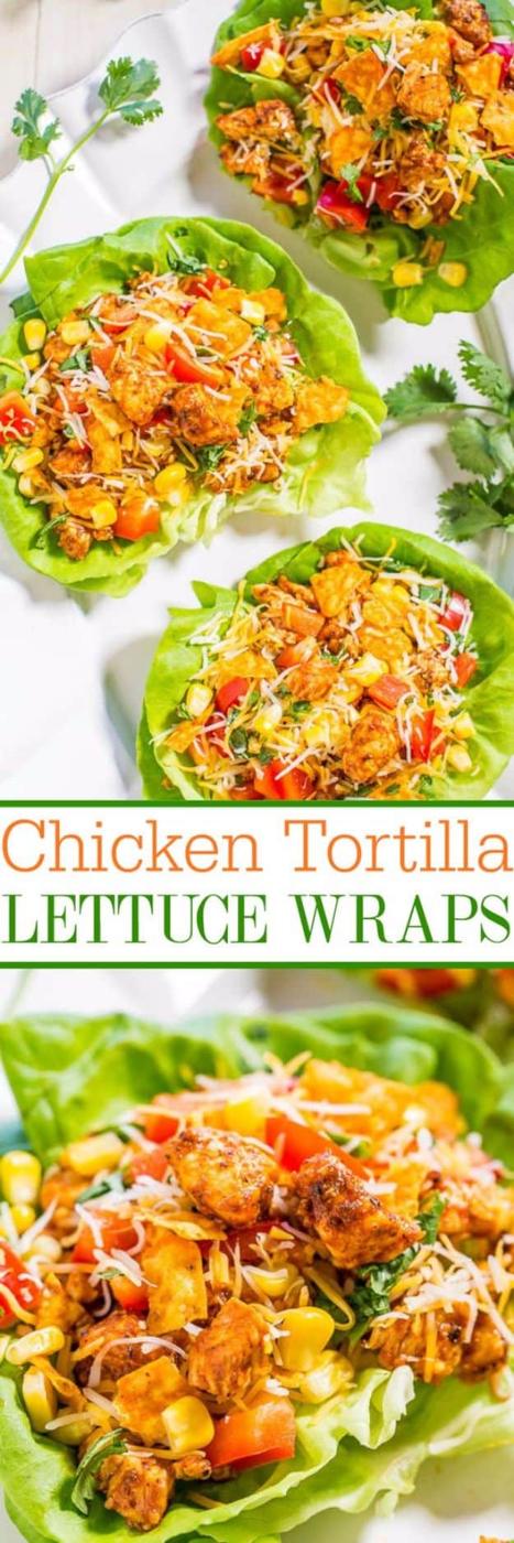 Chicken tortilla lettuce wraps in butter lettuce leaves with corn, peppers, cheese and crushed Doritos