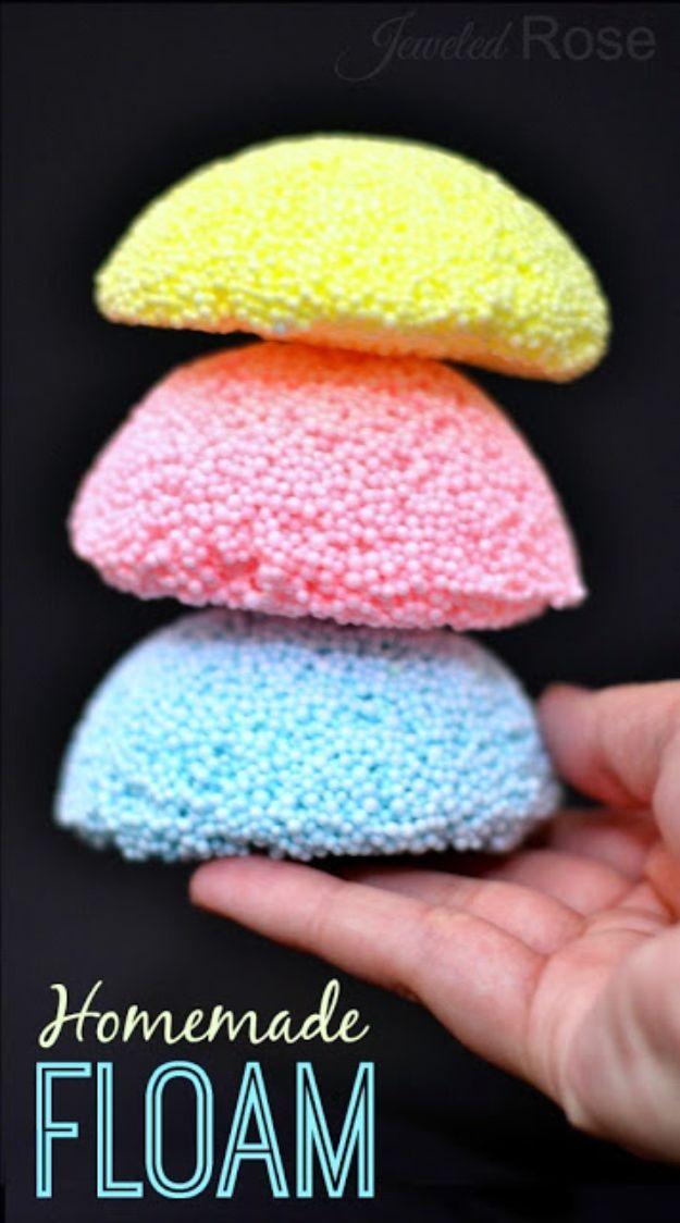 Three domes of homemade floam slime in yellow, pink and blue, each one packed full of tiny foam beads
