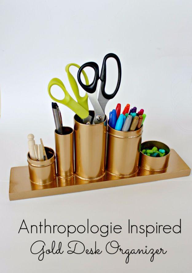 Last Minute Christmas Gifts - Anthropologie Inspired Gold Desk Organizer - Quick DIY Gift Ideas and Easy Christmas Presents To Make for Mom, Dad, Family and Friends - Dollar Store