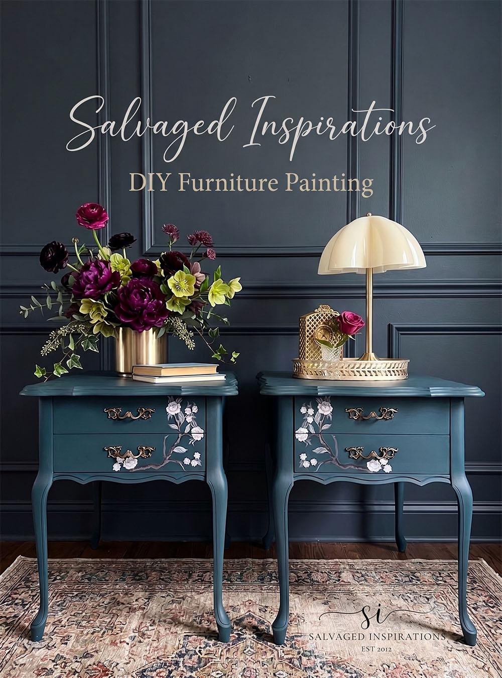 Salvaged Inspirations graphic over two French provincial side tables painted deep teal with floral transfers