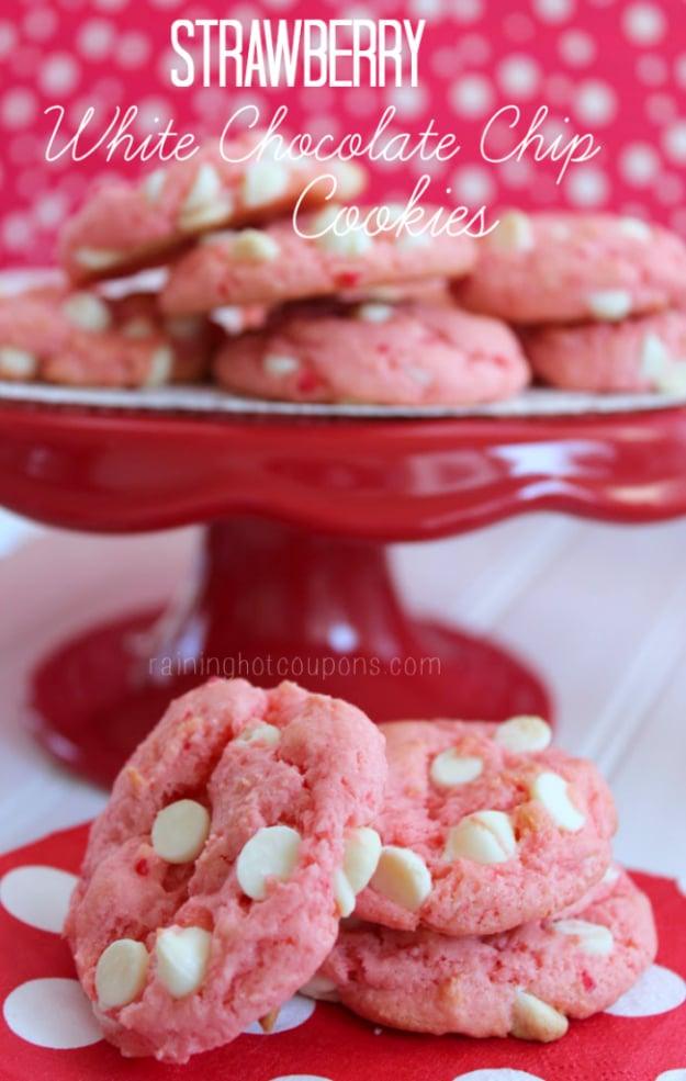 DIY Valentines Day Cookies - Strawberry White Chocolate Chip Cookies - Easy Cookie Recipes and Recipe Ideas for Valentines Day - Cute DIY Decorated Cookies for Kids, Homemade Box C