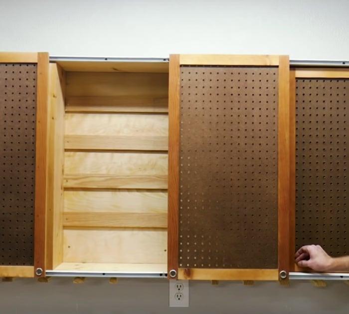 Make a DIY sliding door tool cabinet with pegboard