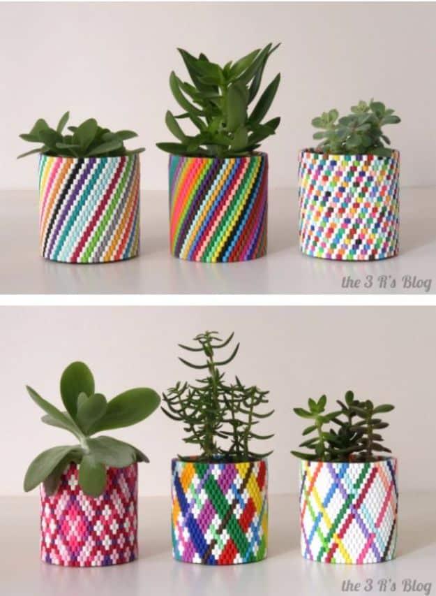 DIY bead planter woven from beads for an eco friendly way to upcycle materials into a unique plant home