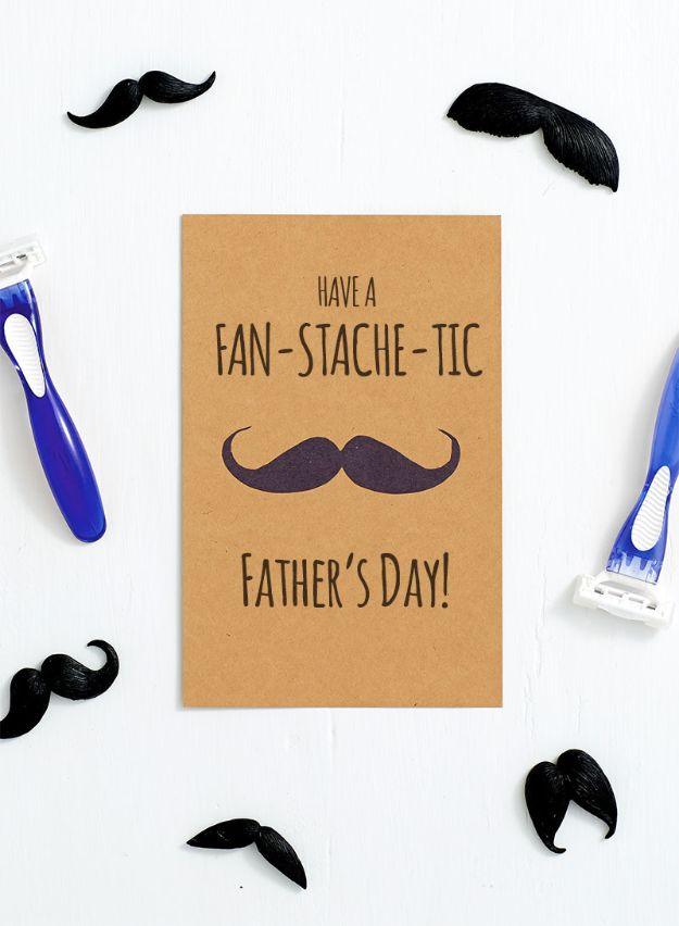 Kraft moustache Father's Day card reading have a fan-stache-tic day, styled with razors and fake moustaches