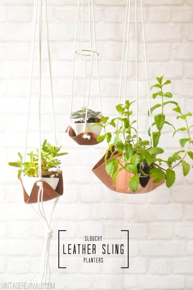 Slouchy Leather Sling Planter, a handmade greenery feature, budget friendly using stuff already sitting in a bin