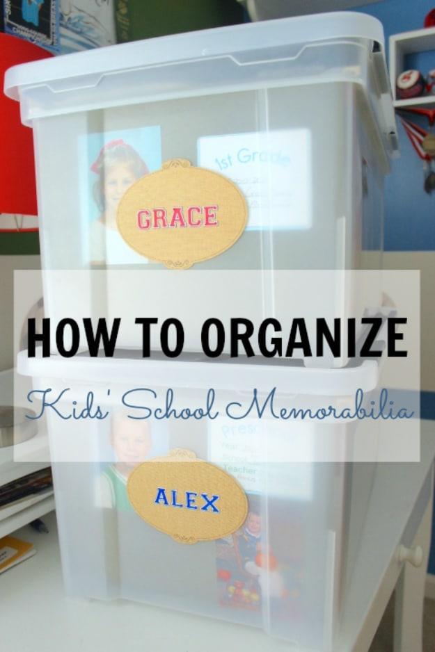 Organize kids school memorabilia graphic, two clear bins labeled Grace and Alex with a school photo inside each