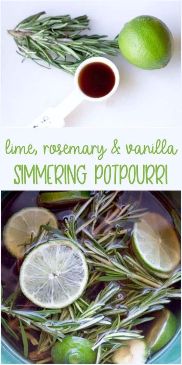 Pot of sliced limes and rosemary sprigs simmering in water, with a typeset lime rosemary vanilla potpourri label