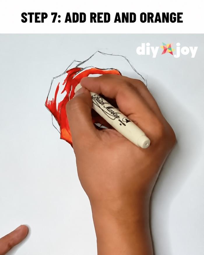 How to draw a rose - coloring the petals with red and orange markers