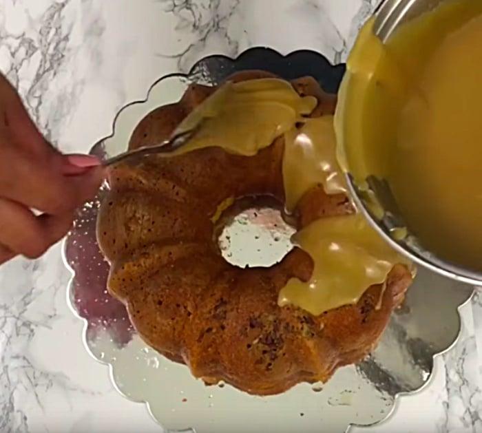 Make a crown royal apple bundt cake with caramel rum glaze