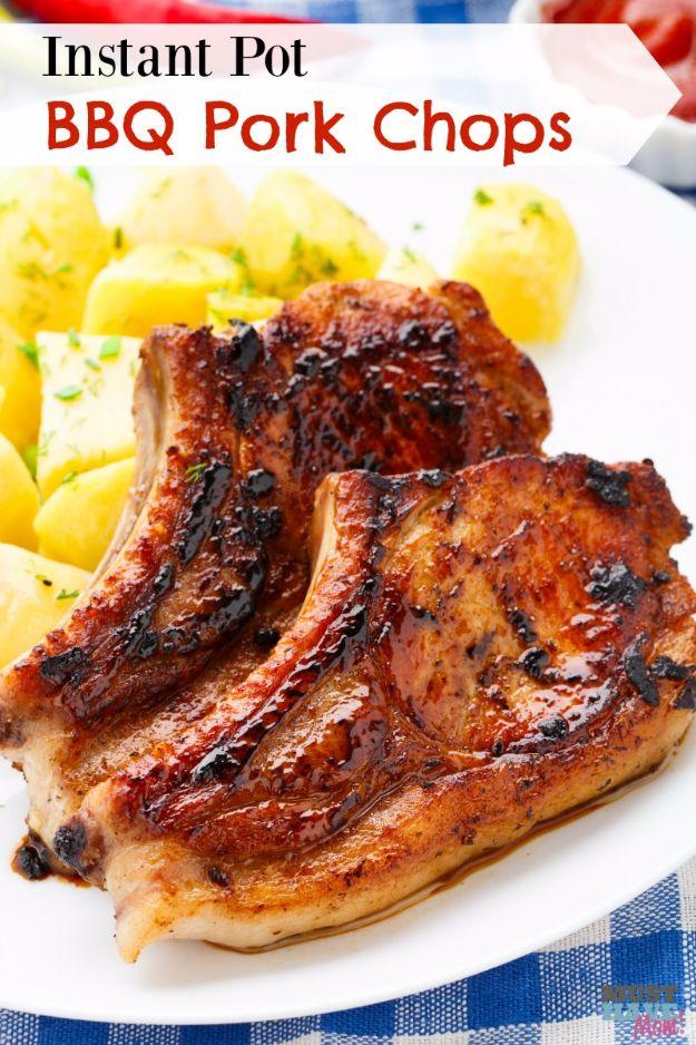 Graphic reading Instant Pot BBQ Pork Chops over two glazed bone-in pork chops with potatoes on a white plate