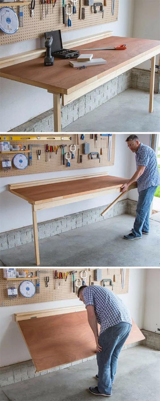 Three photos of a folding garage workbench lowered down from a pegboard tool wall and then folded flat again
