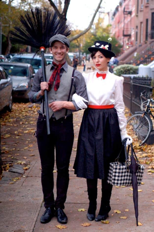 Mary Poppins and Bert couples costume with a flowered straw hat, carpet bag, umbrella, gray cap and suspenders