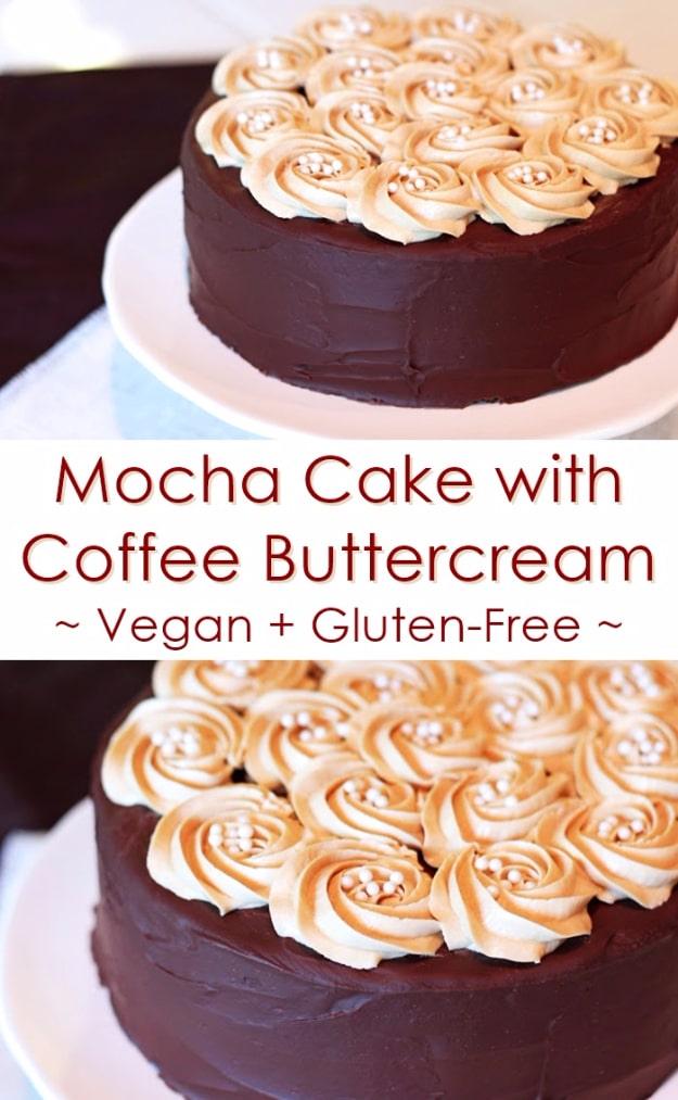 Gluten free mocha layer cake covered in dark ganache with piped coffee buttercream rosettes on the top