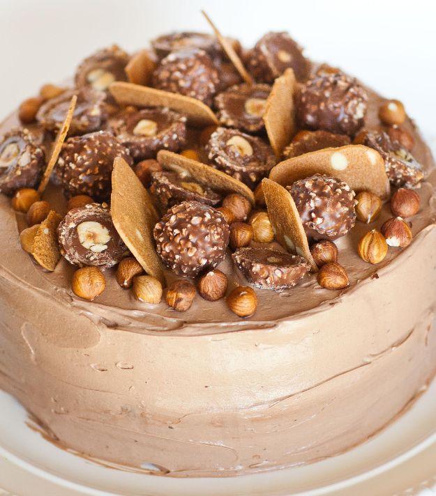 Chocolate hazelnut cake with Nutella buttercream and Ferrero Rocher candies crowning the top, a homemade birthday cake recipe