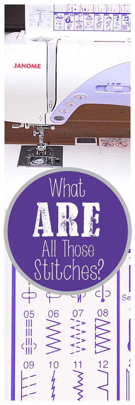 Helpful hacks on understanding sewing machine stitches, a cream Janome sewing machine above a numbered chart of stitch
