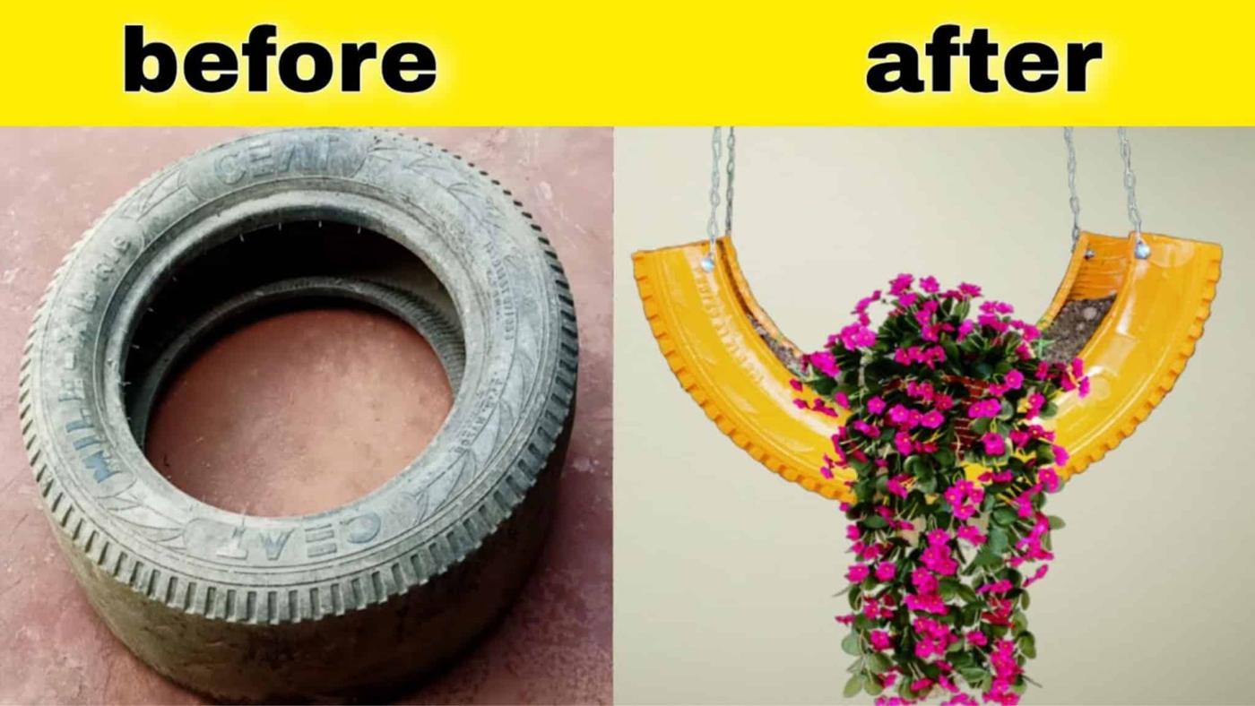 DIY Hanging Tire Flower Planter
