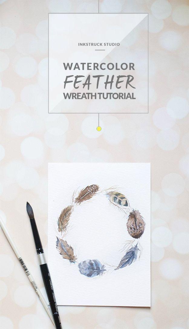 Watercolor Tutorials and Techniques - Watercolor Feather Wreath Tutorial - Make Watercolor Flowers, Ocean, Sky, Abstract People, Landscapes, Buildings, Animals, Portraits, Sunset -