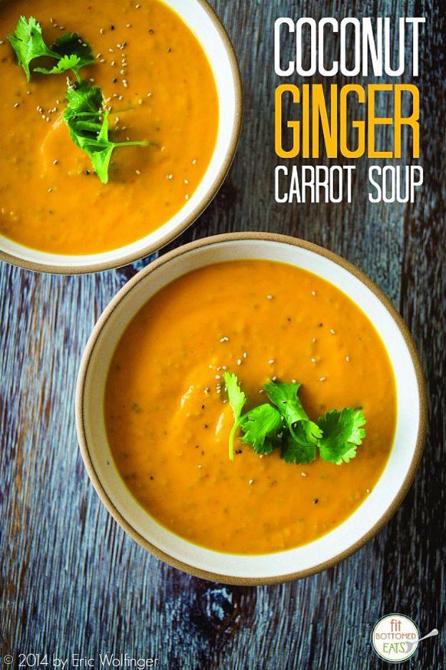 Creamy coconut ginger carrot soup in a bowl, bright orange and smooth, with a swirl of coconut milk on top
