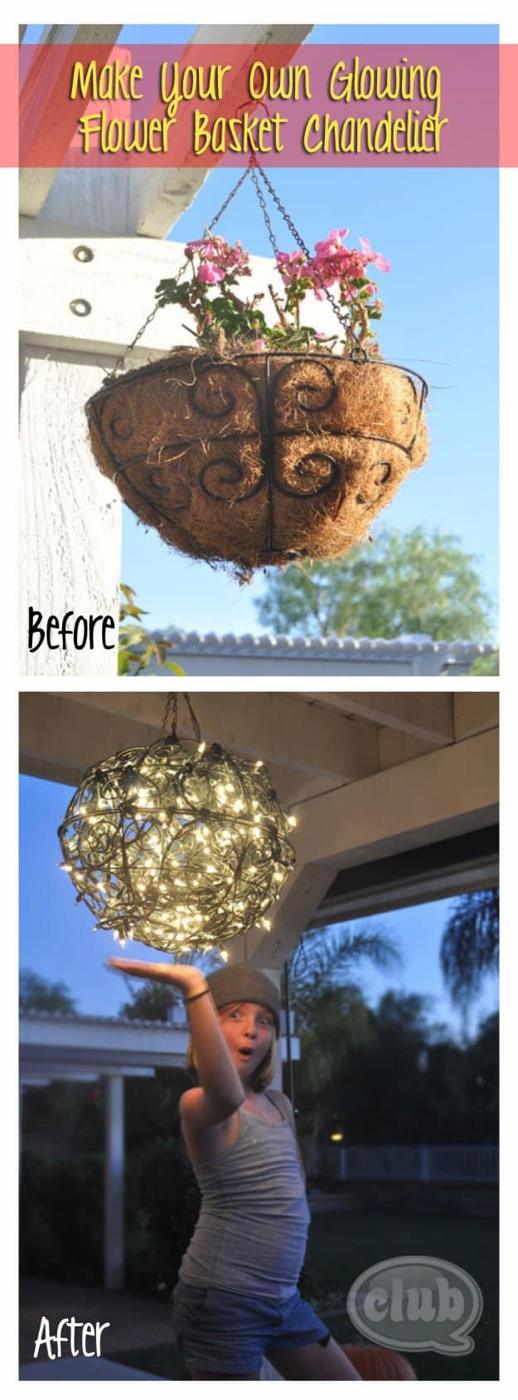 DIY Flower Basket Chandelier, a pretty DIY patio decor idea for outdoor living and perfect for summer evenings on the porch